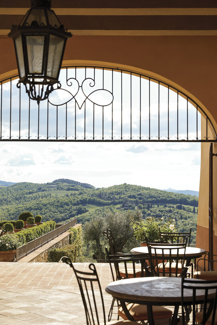 Outdoor terrace of Bar Visconti with view over the countryside