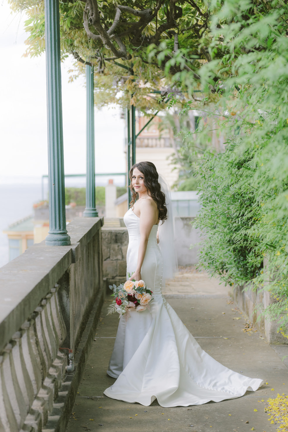 Bride on a terrace with sea view