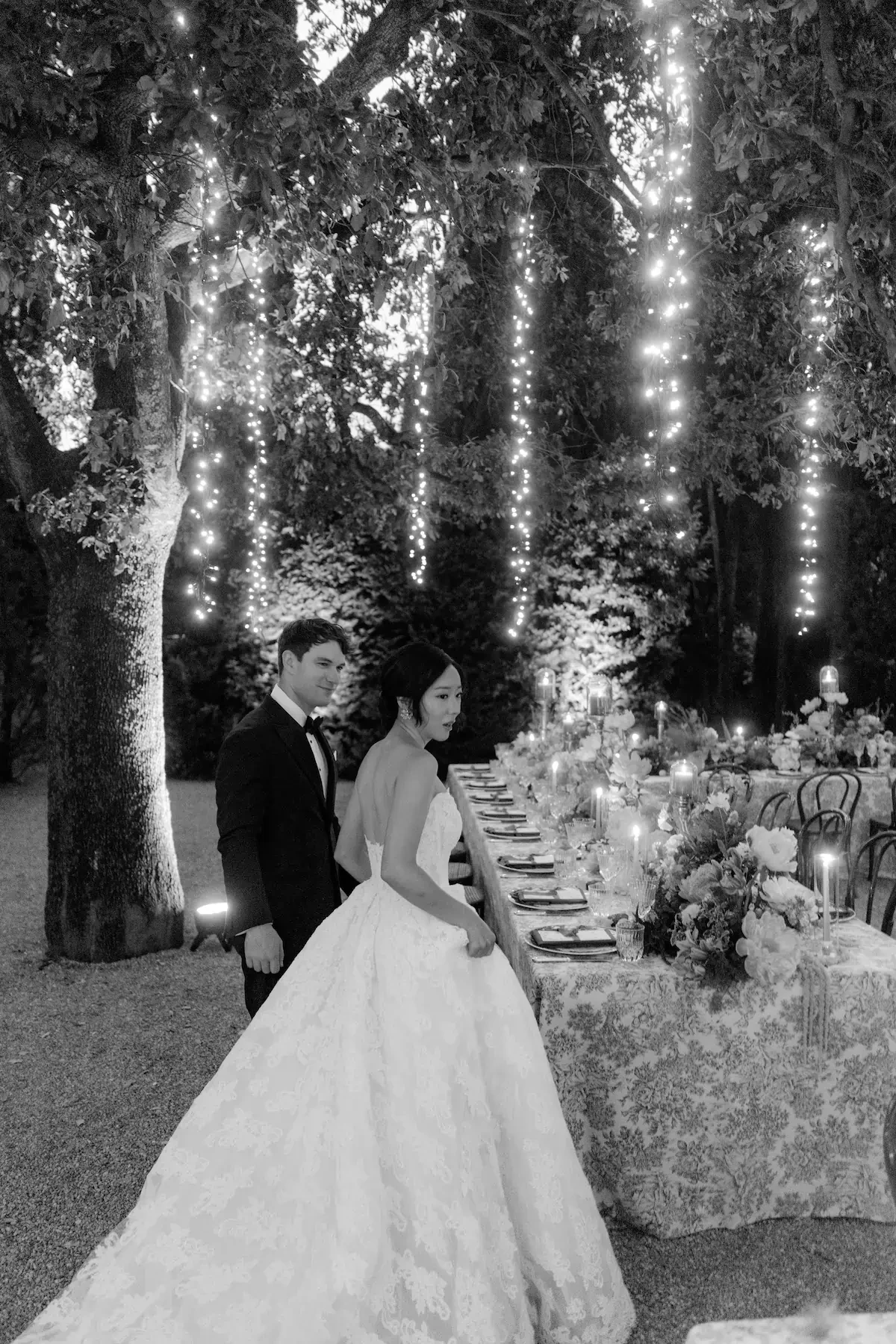 Black And White Outdoor Wedding Reception Fairy Lights