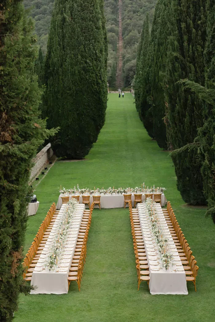 Aerial view of a wedding dinner at Villa Cetinale
