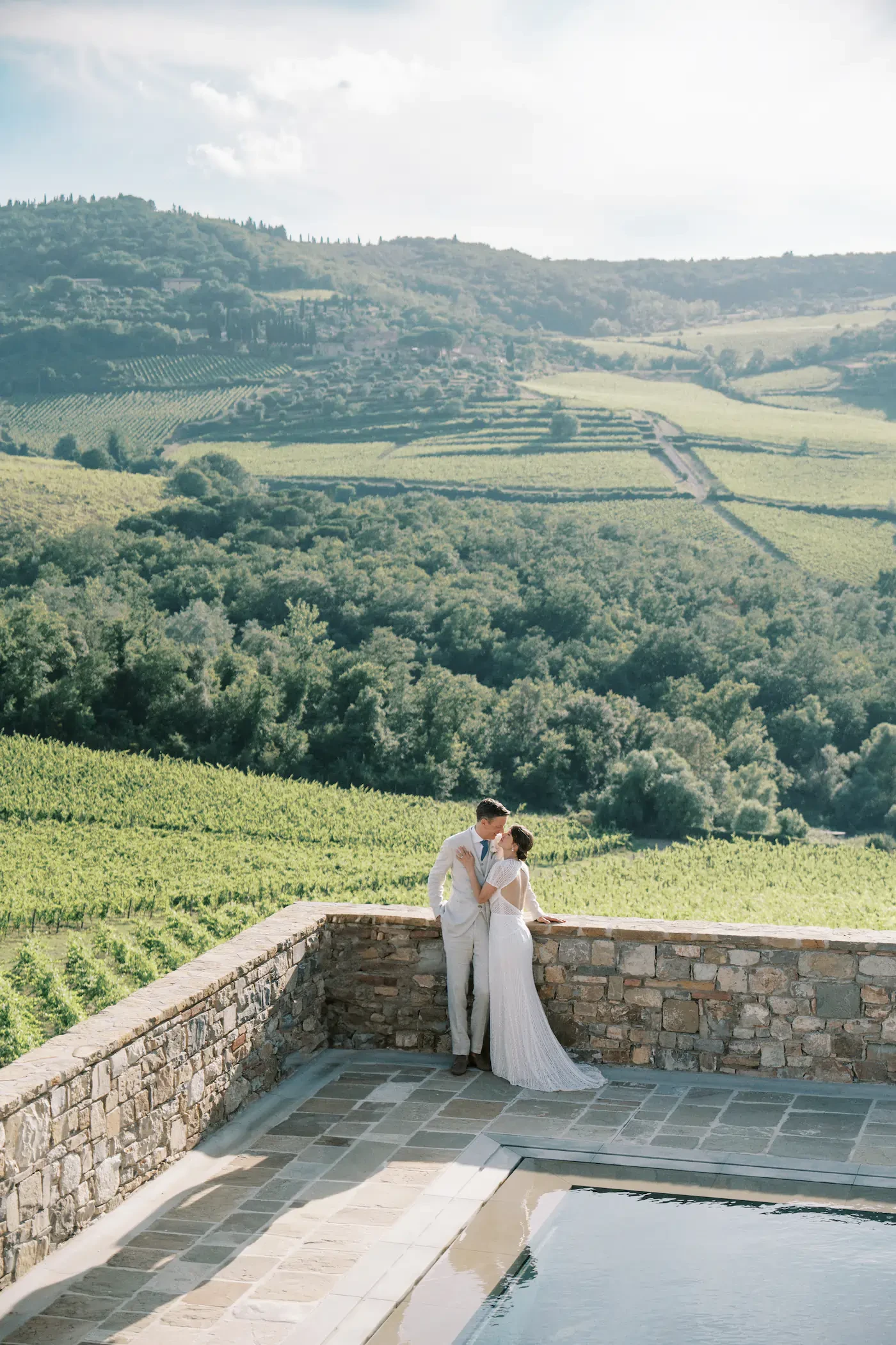 Bride and Groom Pool Terrace Vineyard View Tuscany