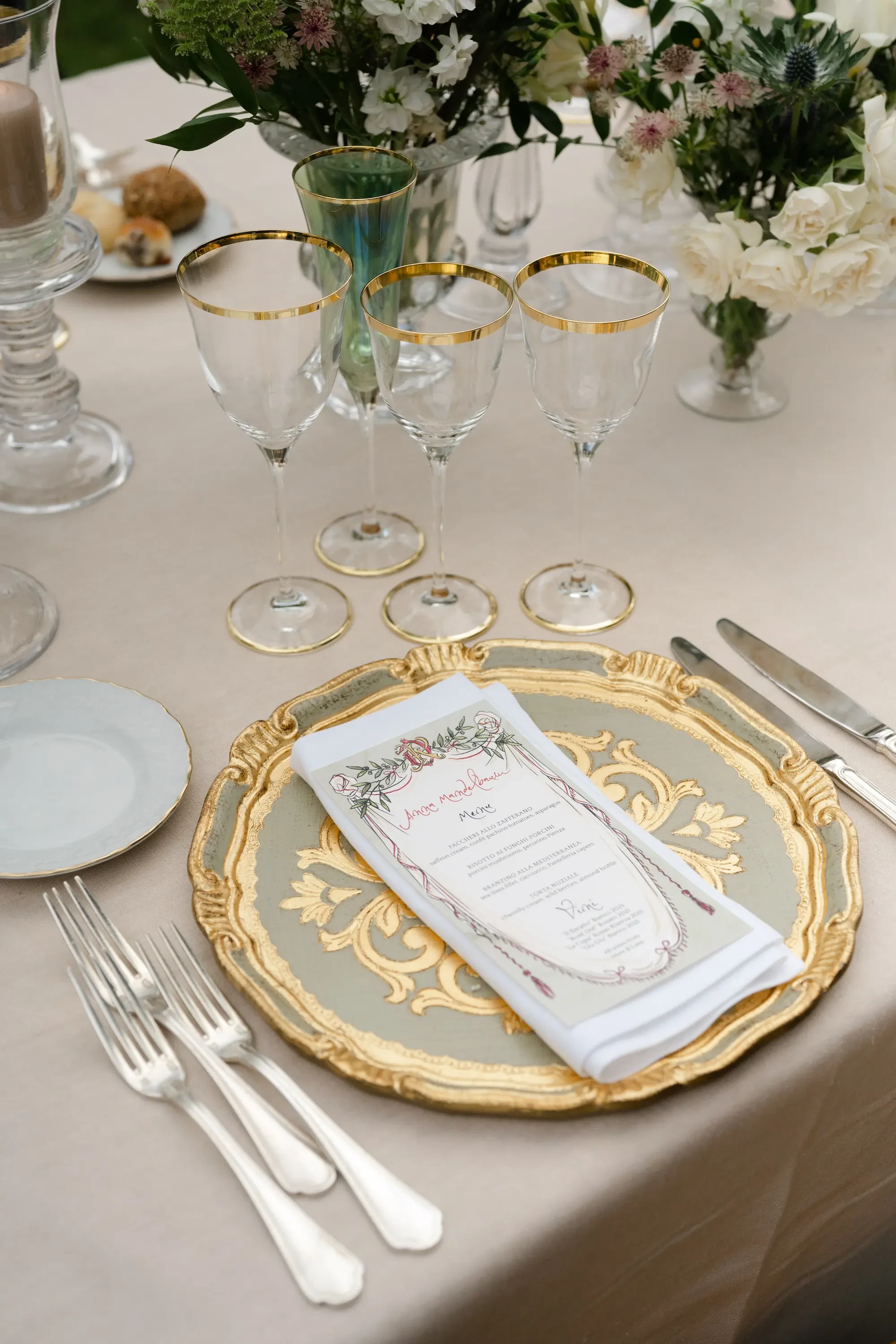 Elegant Wedding Place Setting Gold Charger Plate Illustrated Menu
