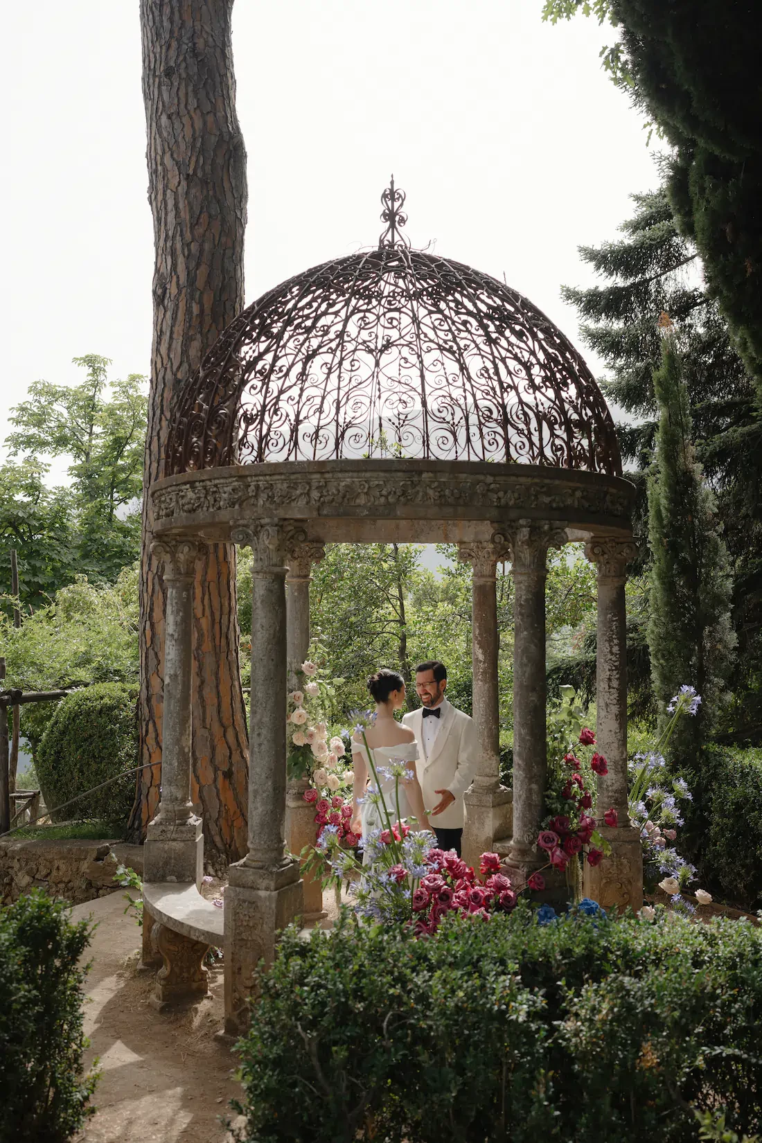 Bride and Groom in a Romantic Garden Gazebo at Villa Cimbrone