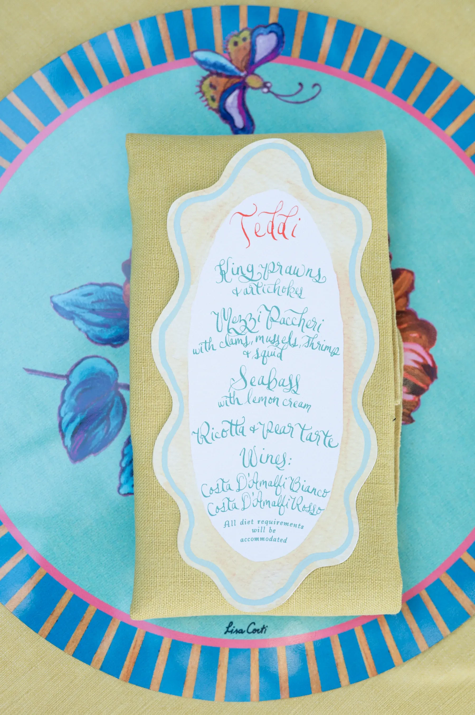 Custom designed menus for wedding in Ravello