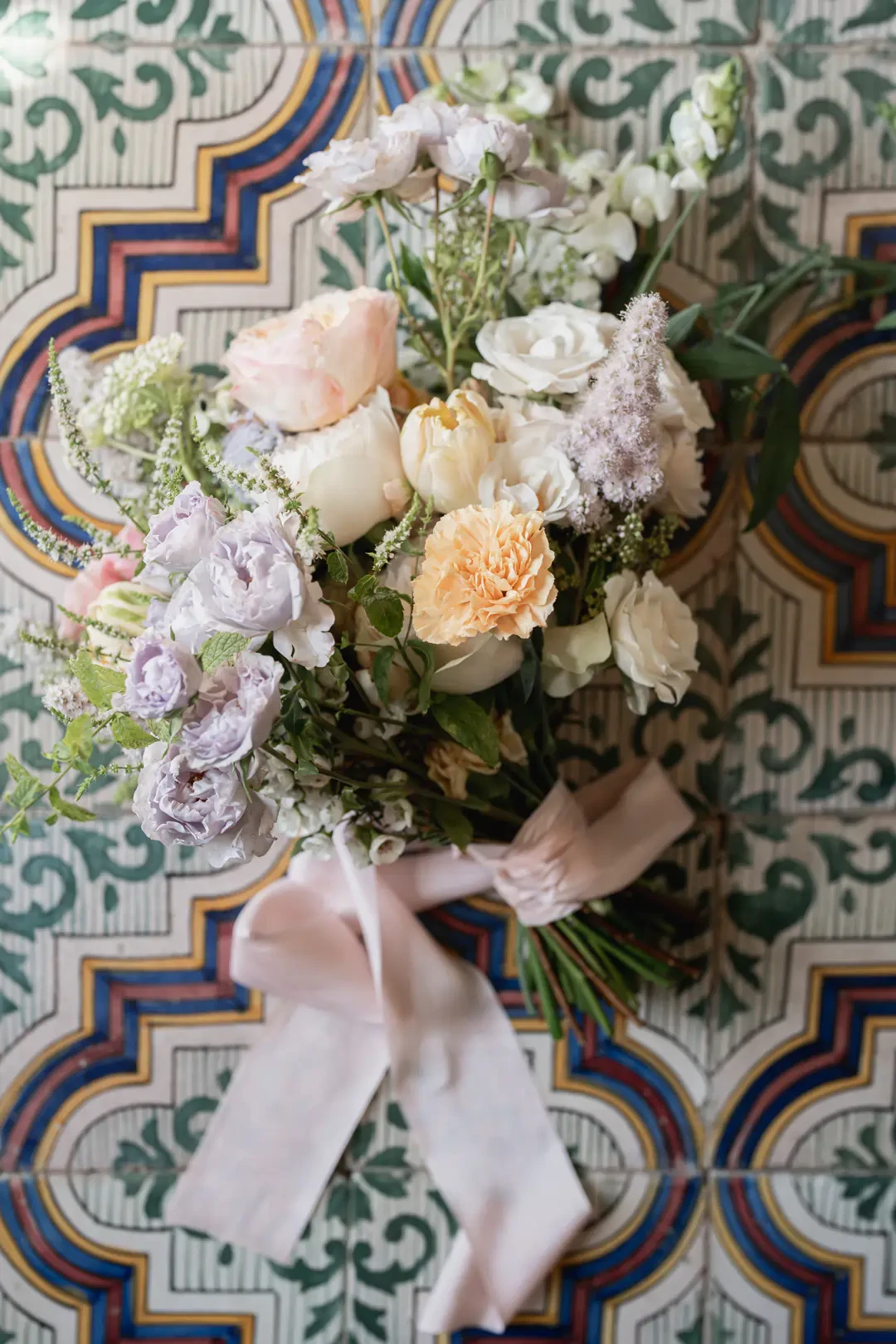 Wedding Bouquet on the marble floor of Villa Cimbrone in Ravello