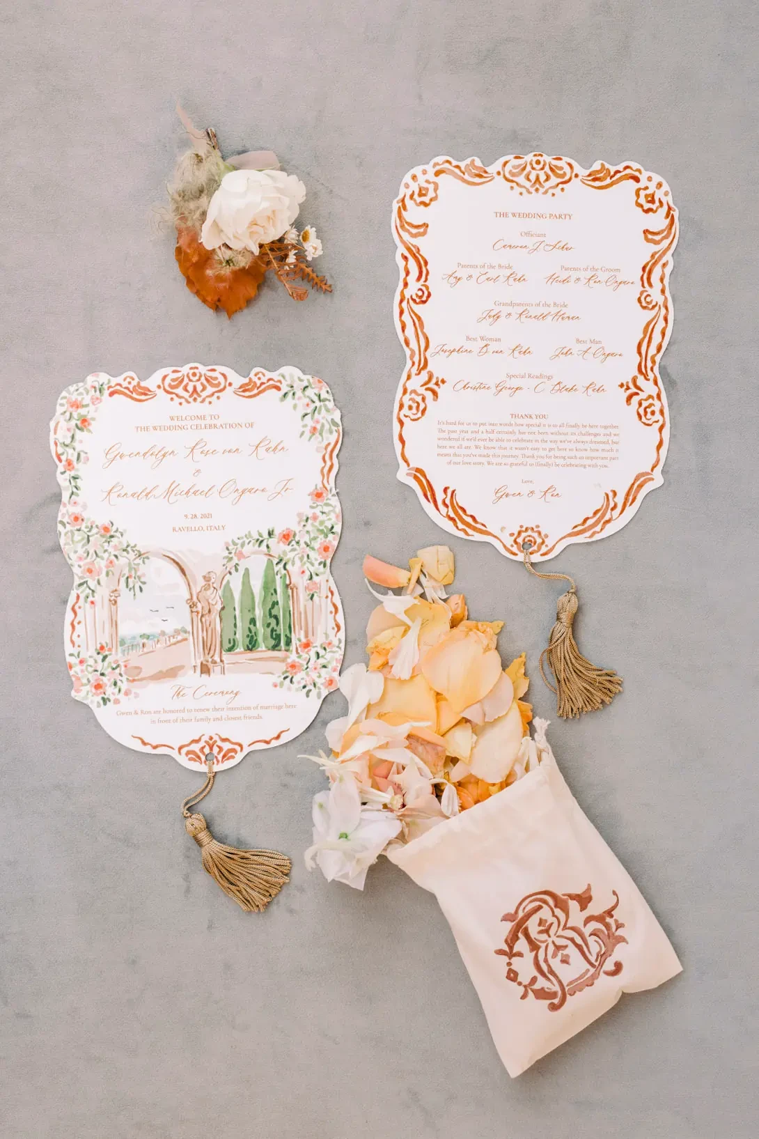 Ceremony program and petals for tossing at the couple