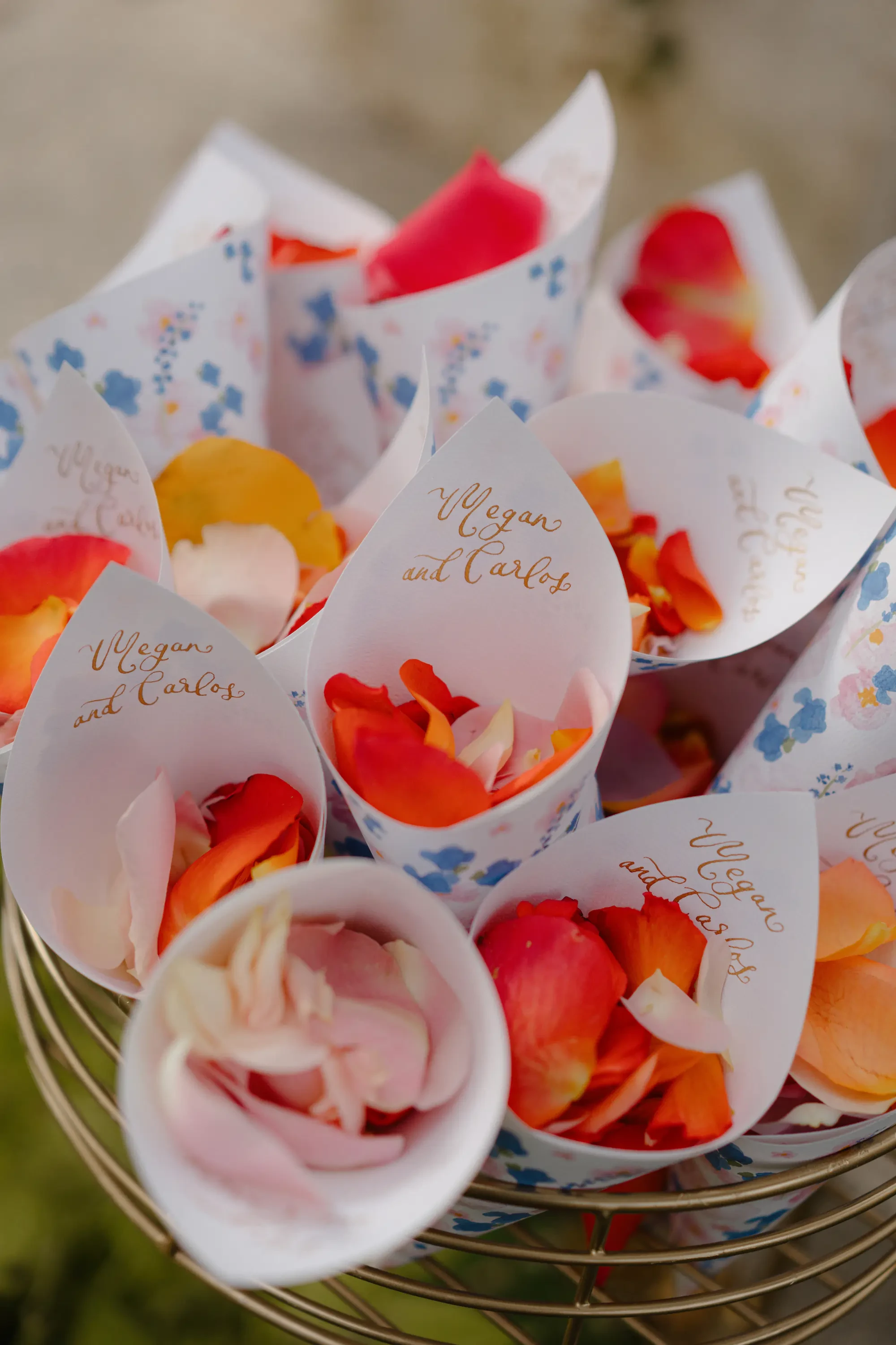 Flower petal confetti cones basket wedding ceremony