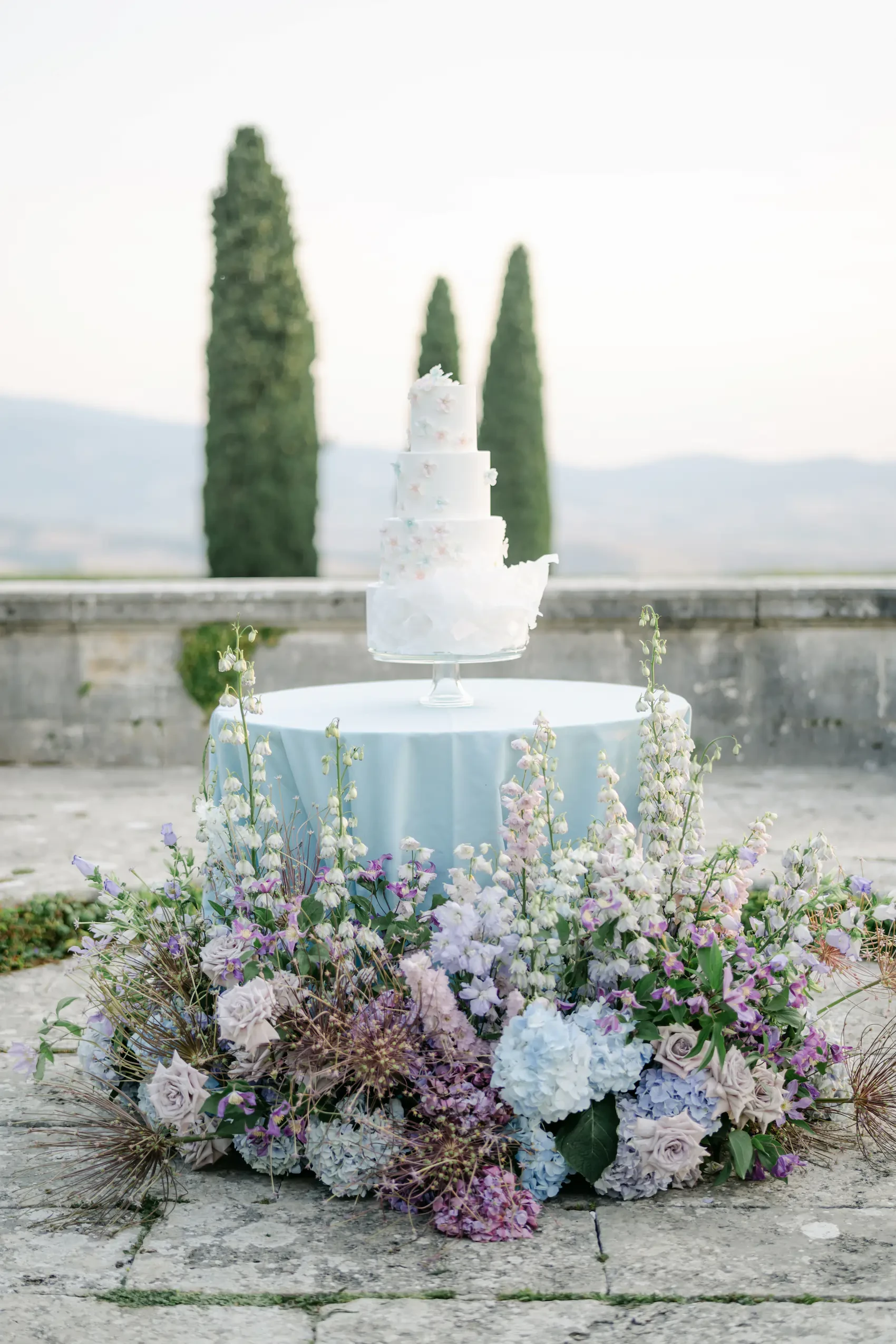 La Foce Tuscany Wedding Cake Display Terrace View