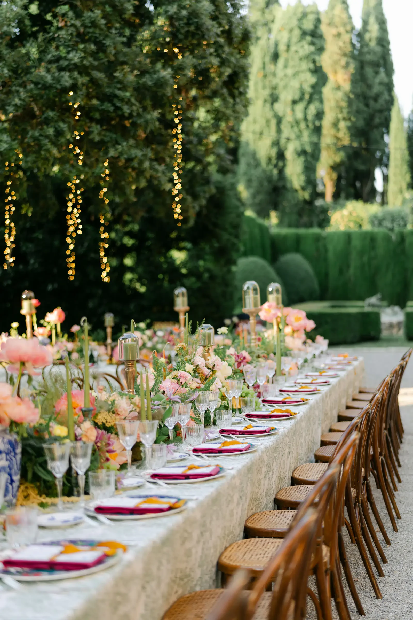 Long Outdoor Wedding Reception Table Setting Perspective