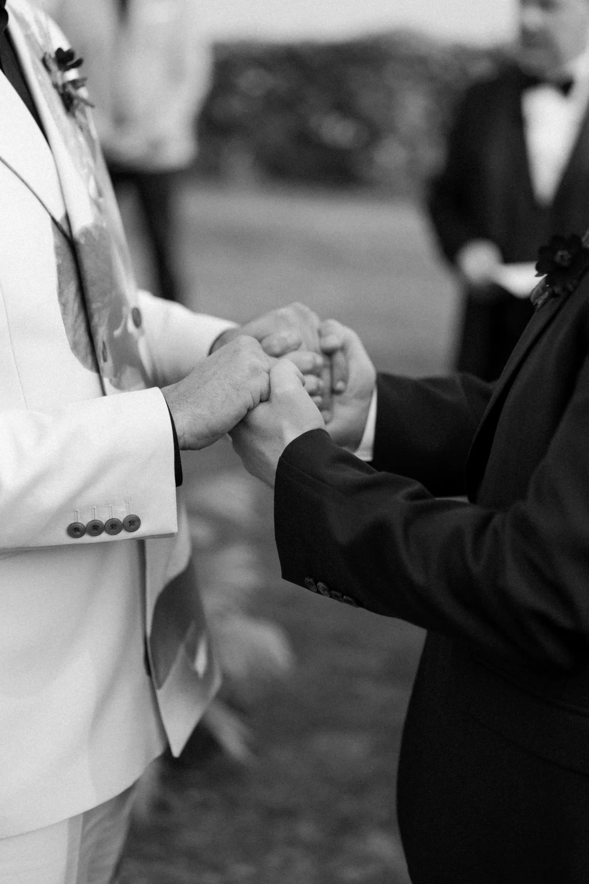 Close Up Grooms Holding Hands Ceremony Vows 