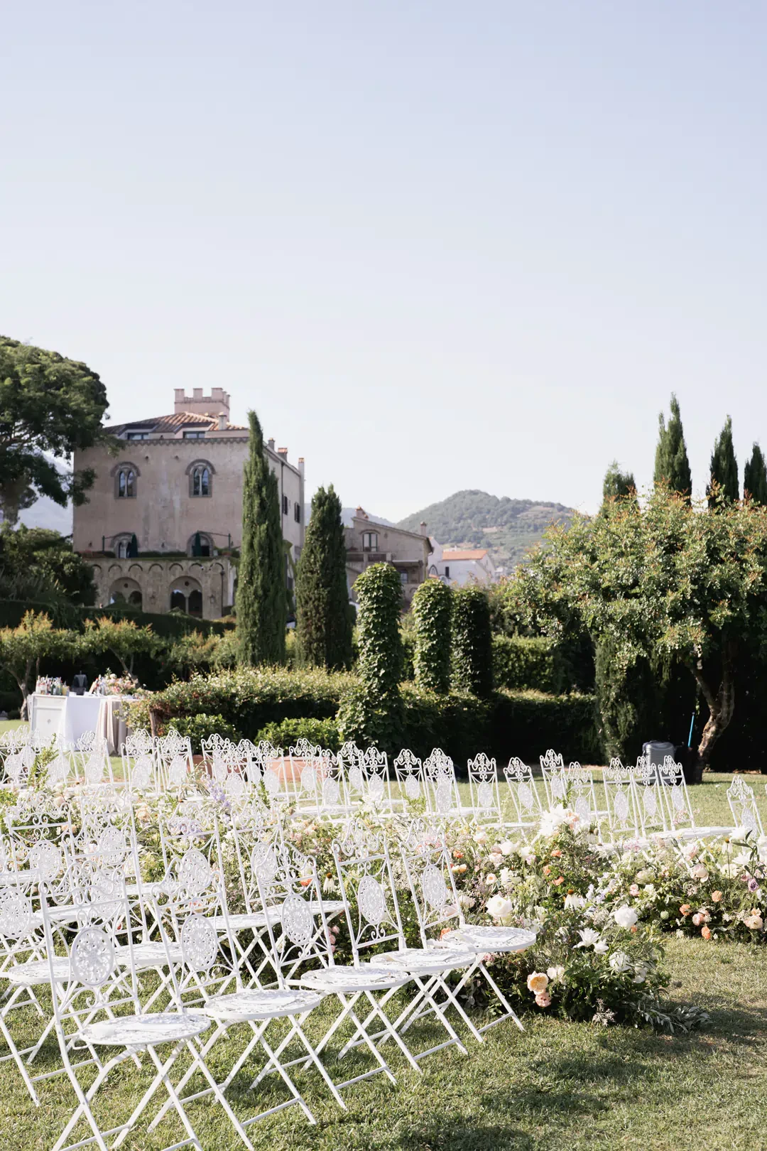 Wedding ceremony seats setup and floral decoration in Villa Cimbrone