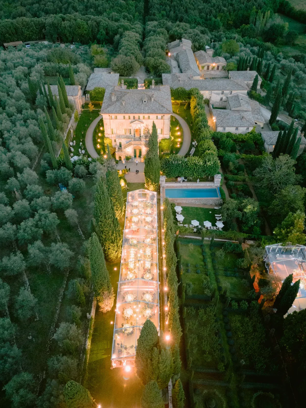 aerial night view of Villa Cetinale in Siena during the wedding