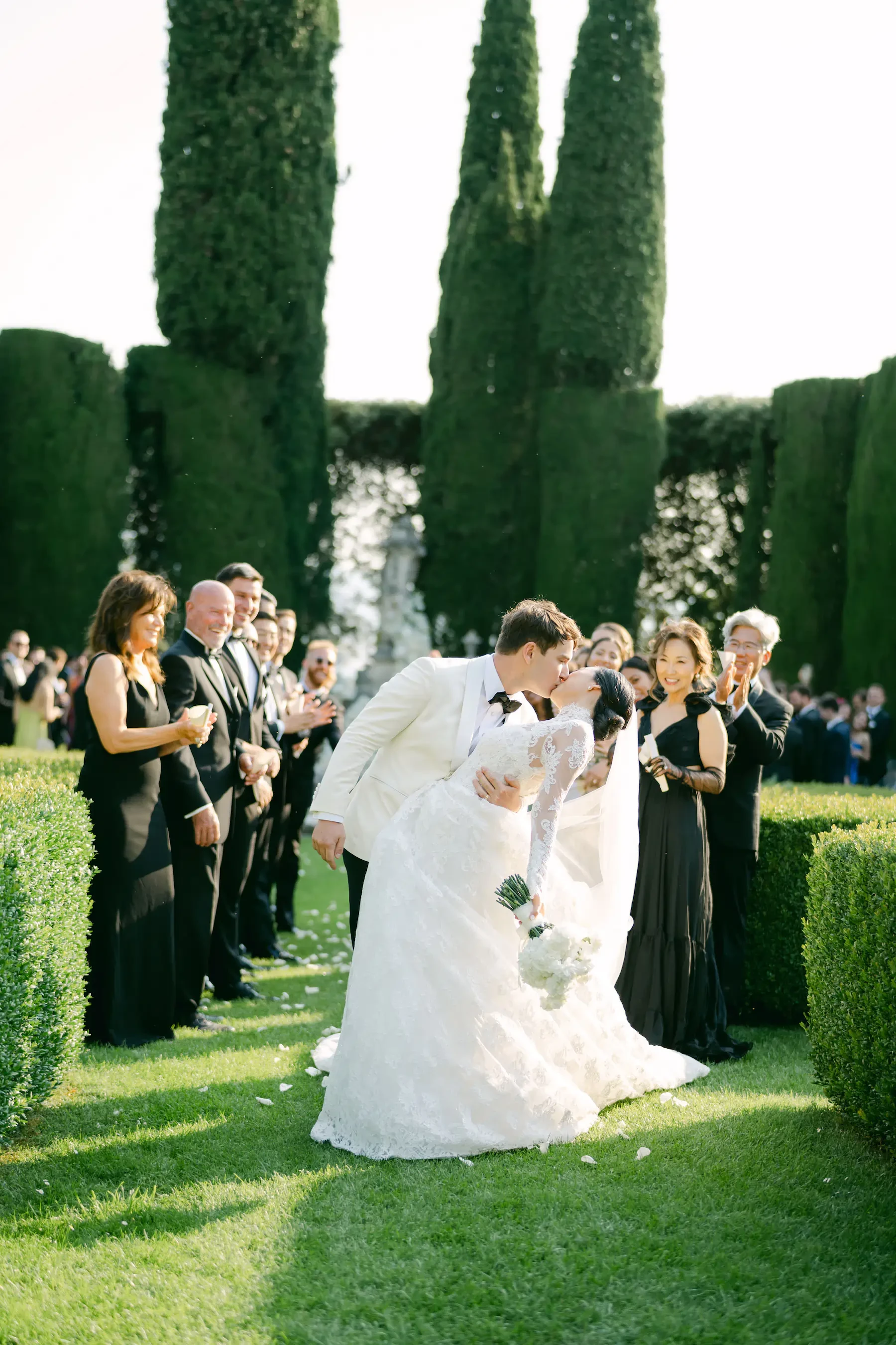 La Foce Tuscany Wedding Ceremony Dip Kiss