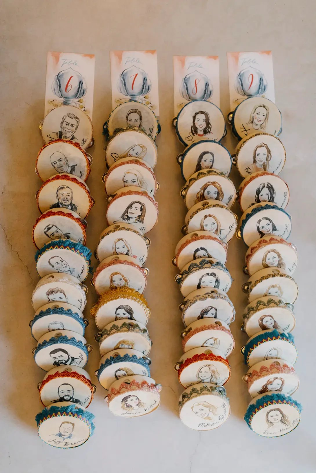 Hand painted tambourines used as placecards