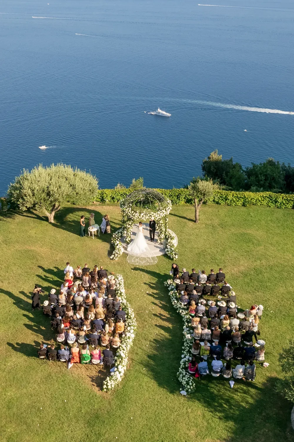 aerial view of the wedding ceremony in the gardens of Villa Cimbrone
