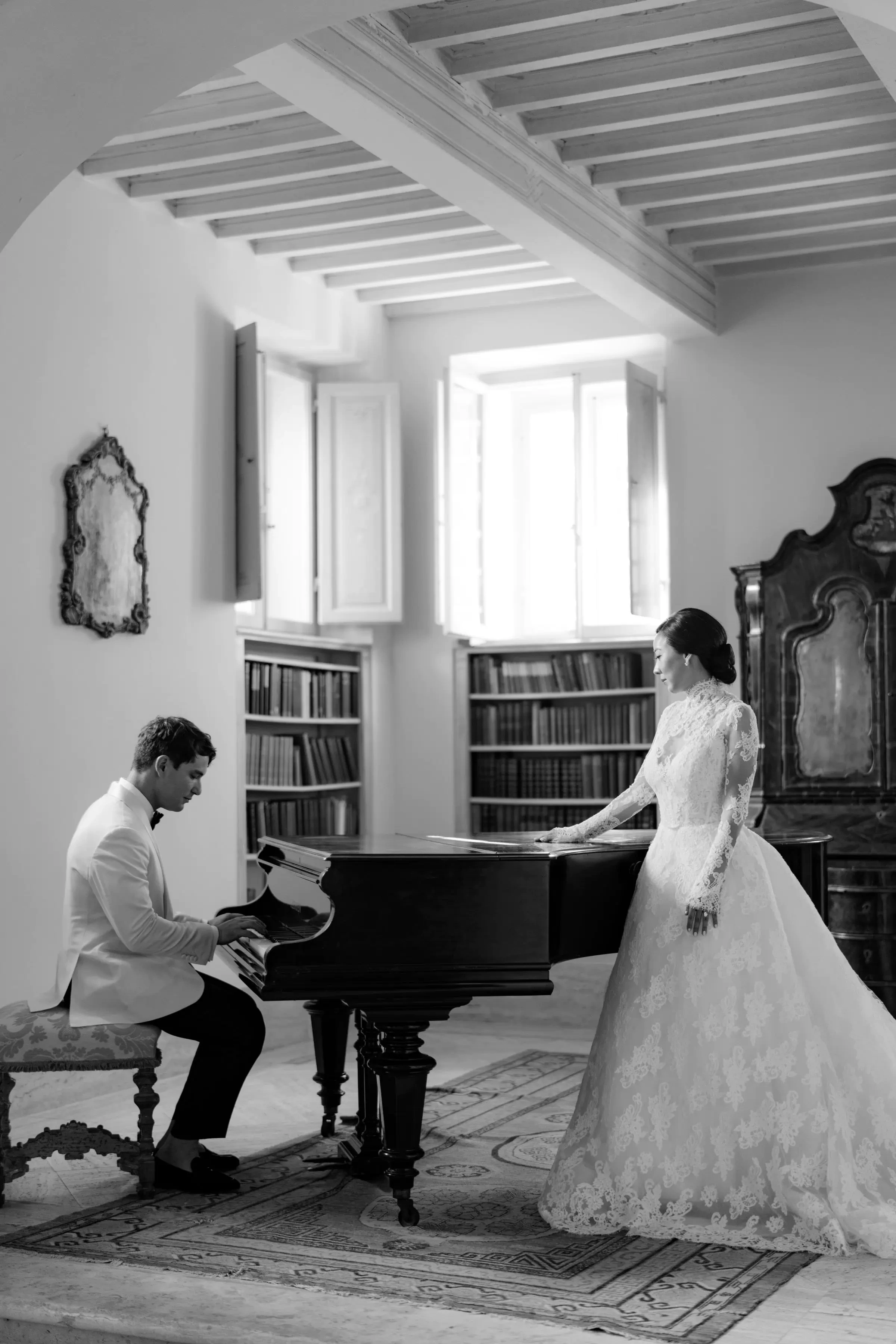 La Foce Tuscany Wedding Indoor Piano Couple Portrait