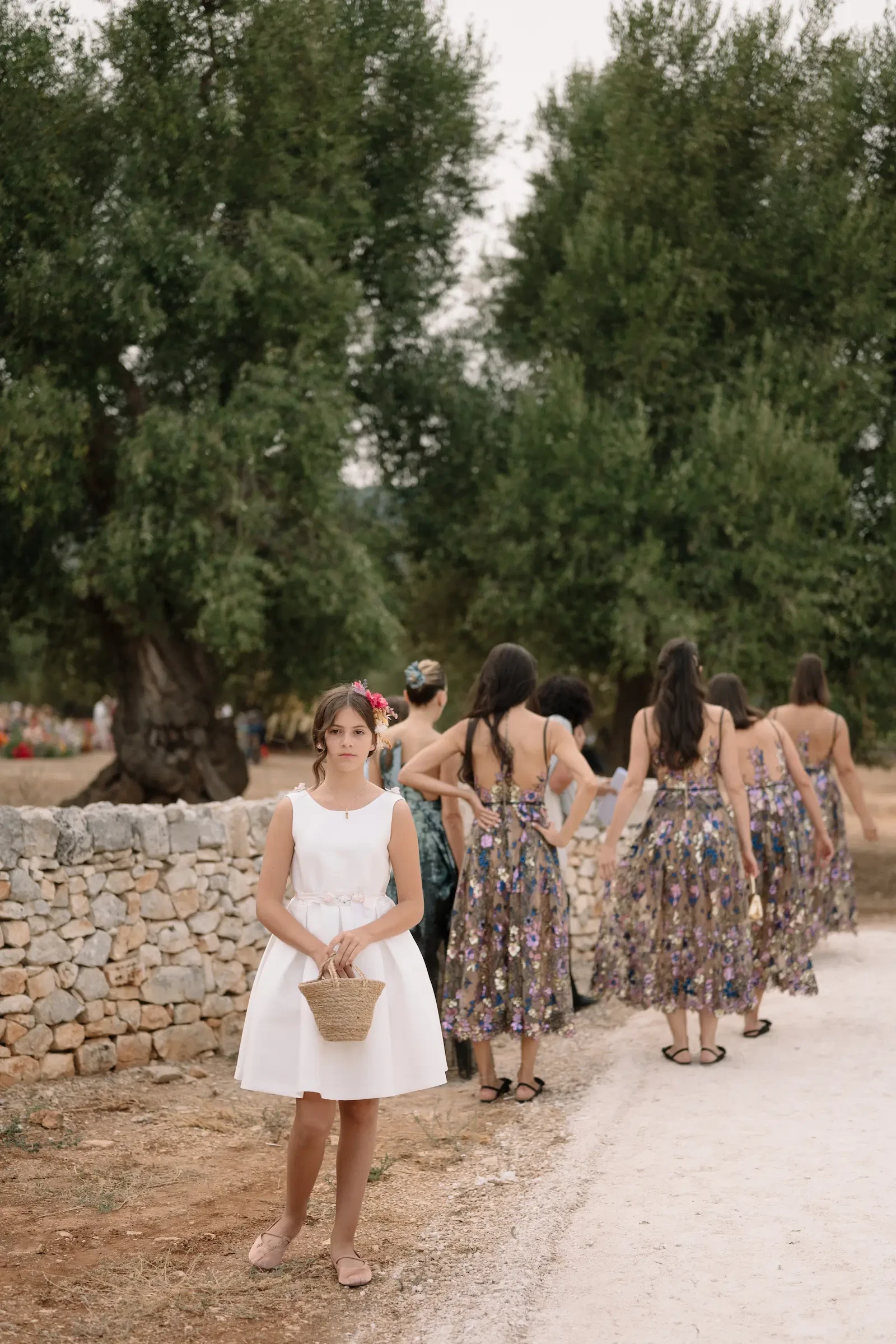 Flower Girl White Dress Wicker Basket Puglia