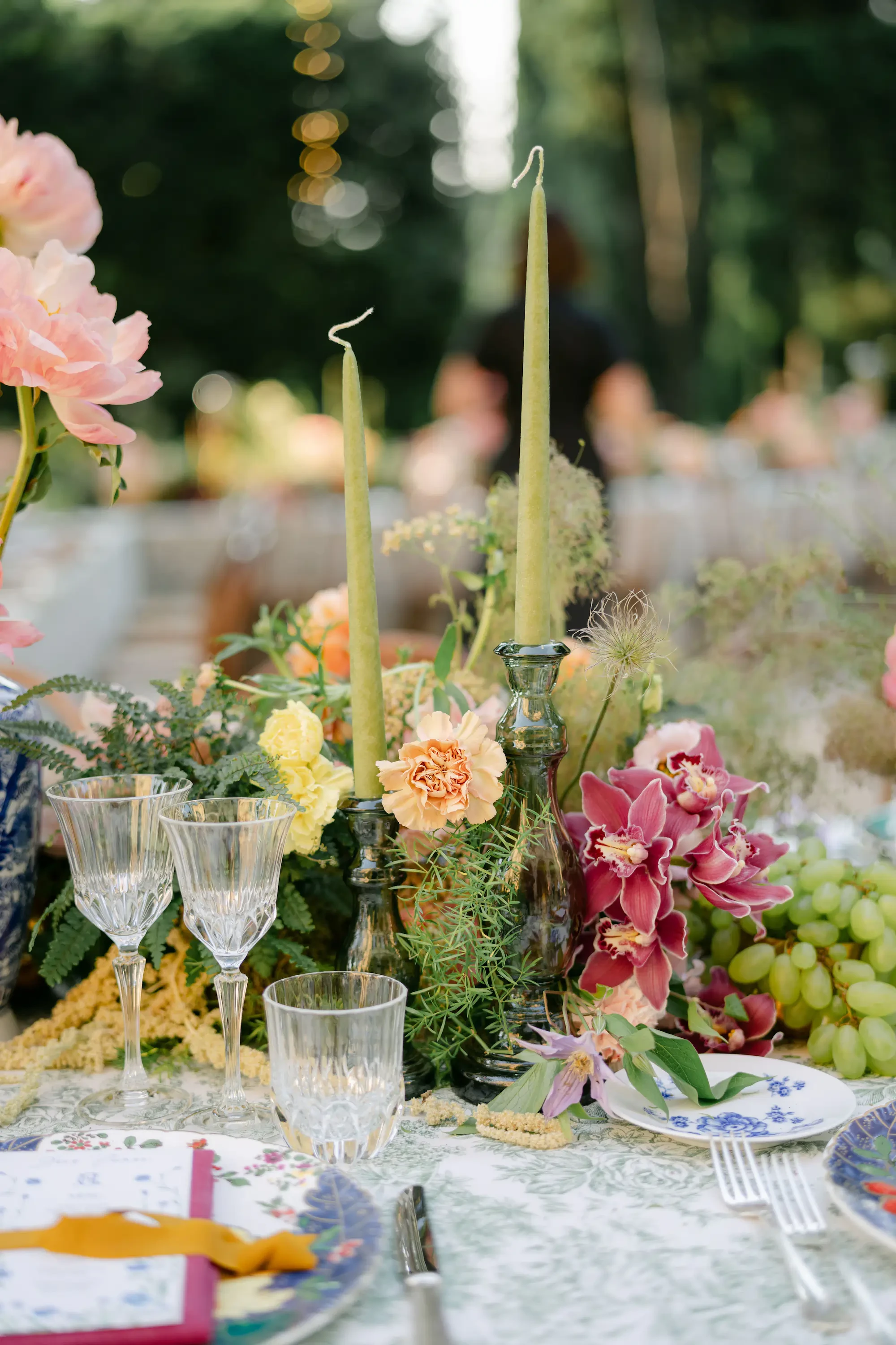 Outdoor Wedding Tablescape Detail Green Taper Candles And Florals