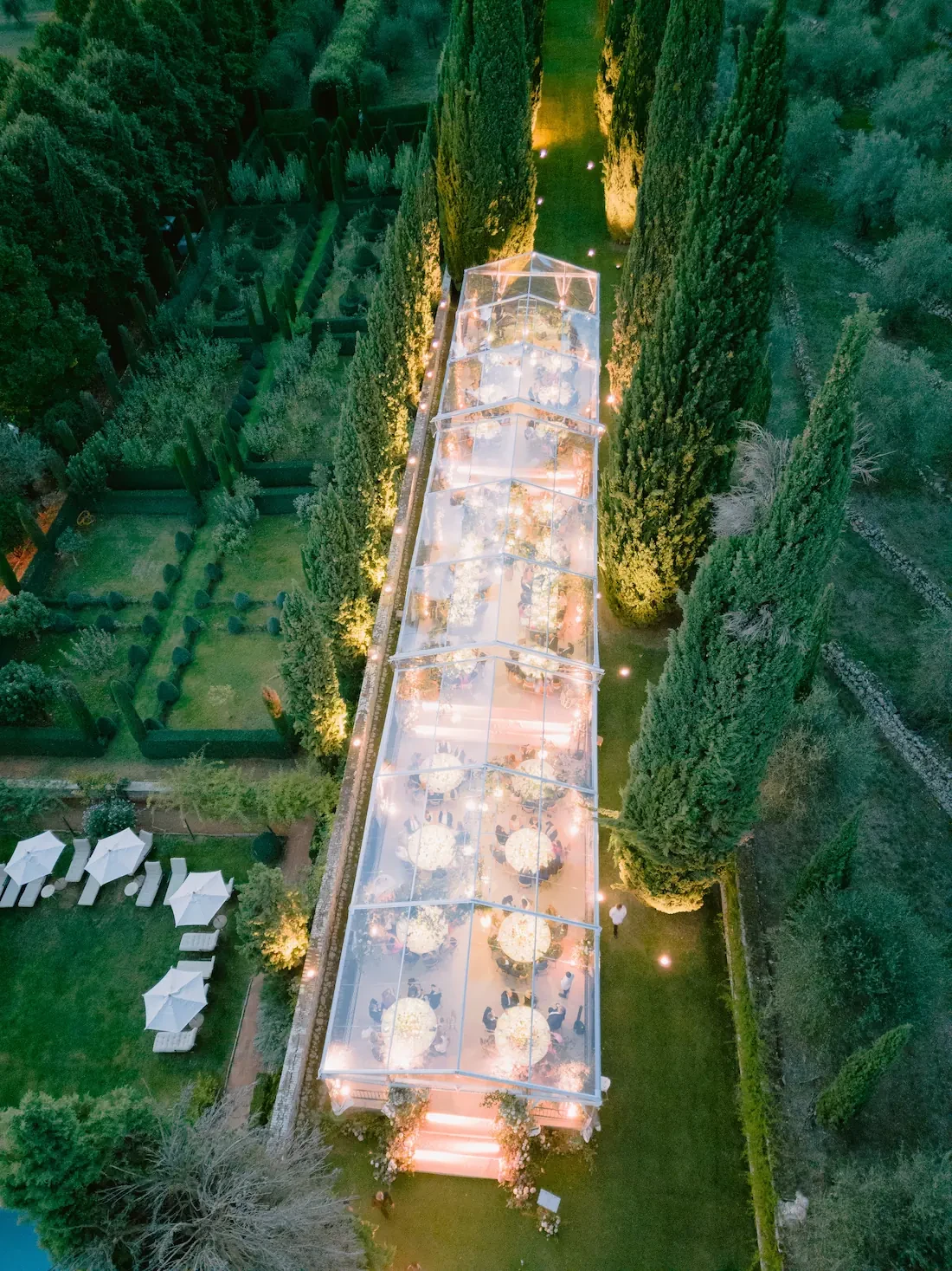 aerial night view of Villa Cetinale in Siena during the wedding dinner