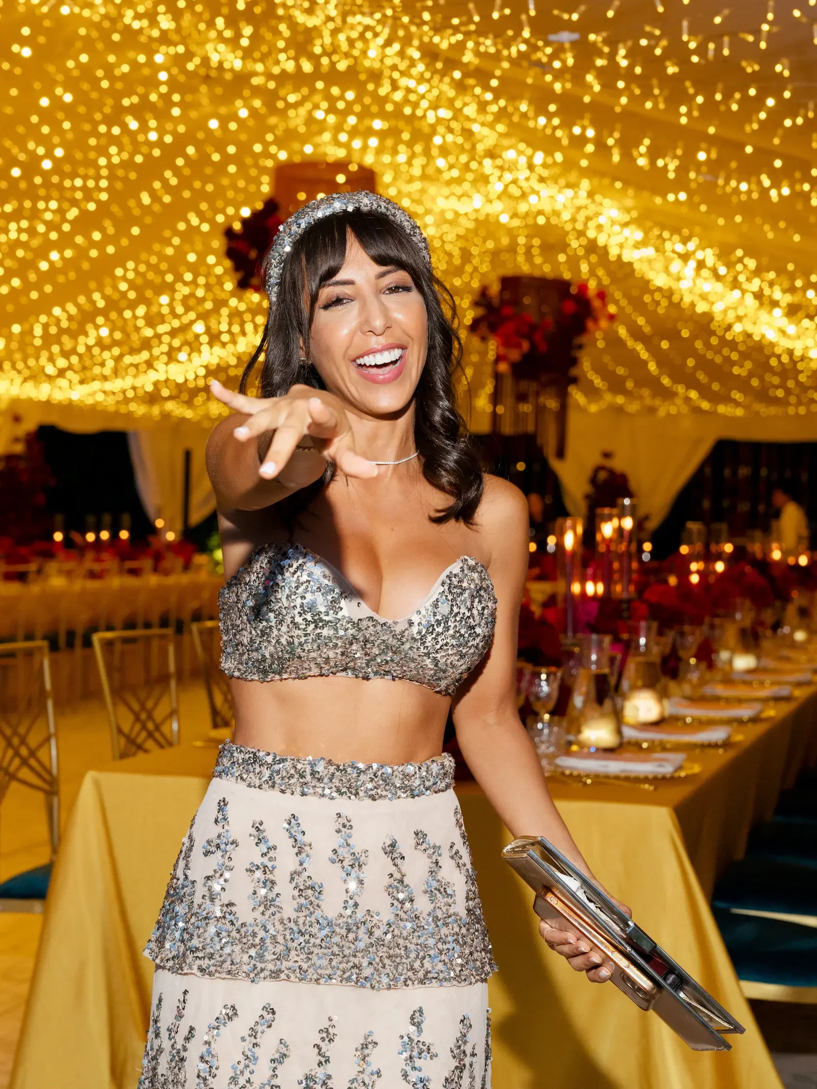 Bridesmaid celebrating at Sangeet on Lake Como