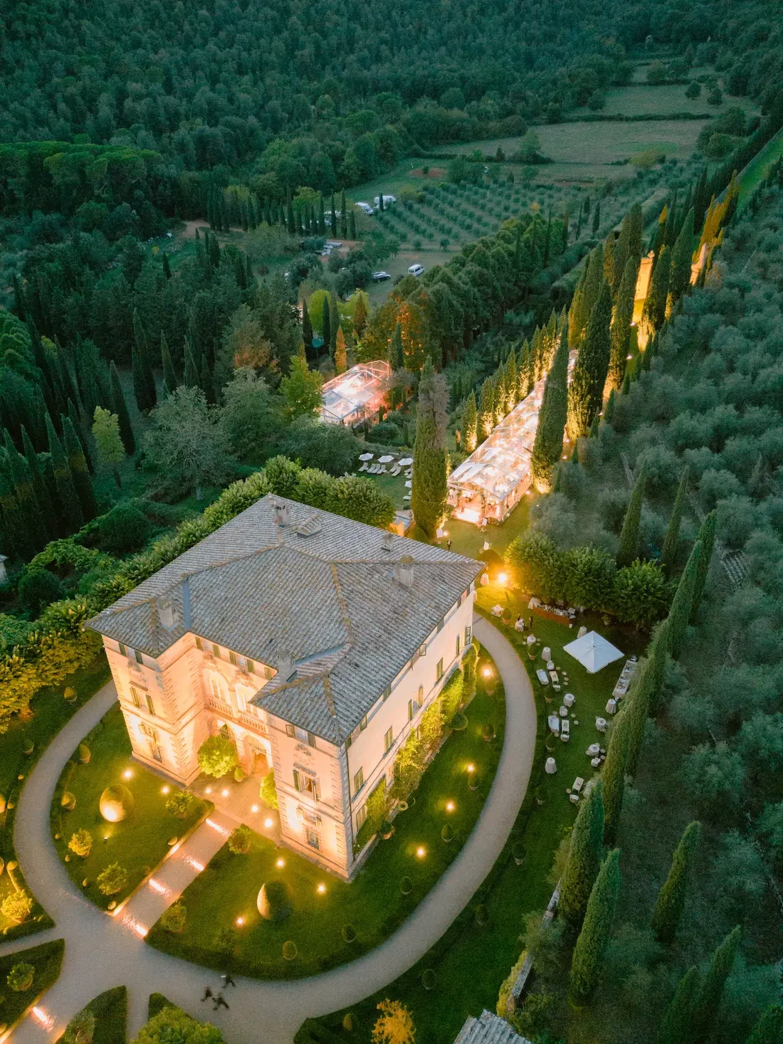 aerial night view of Villa Cetinale in Siena