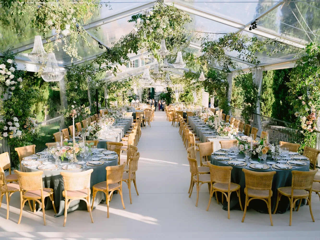 Wedding Reception Chandeliers Flowers Wicker Chairs Villa Cetinale