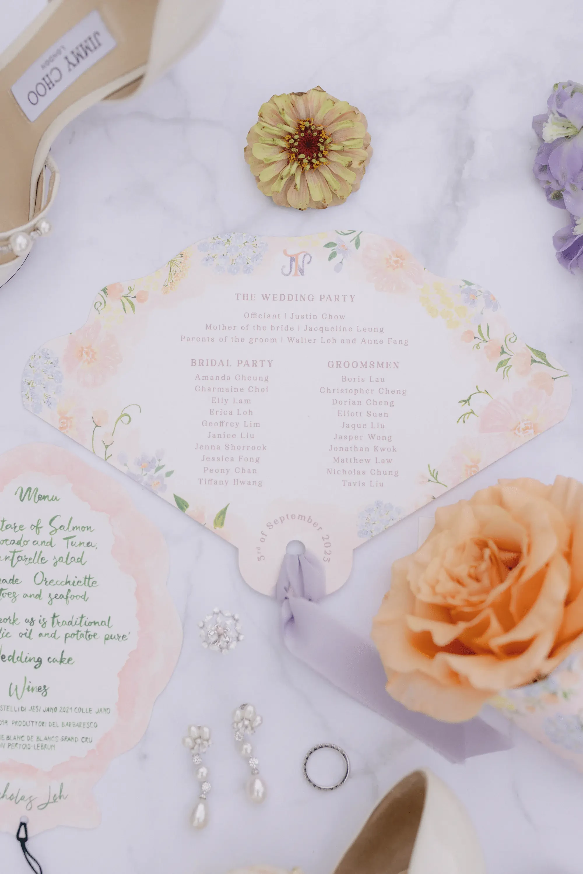 Wedding Stationery Flatlay Fan Program And Bridal Accessories