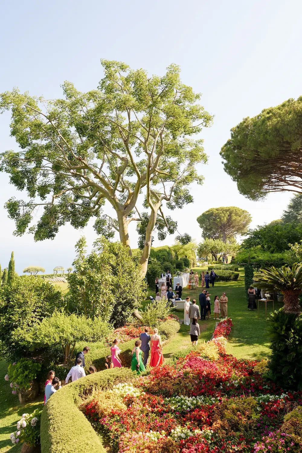 guests in the gardens of Villa Cimbrone in Ravello before the wedding ceremony