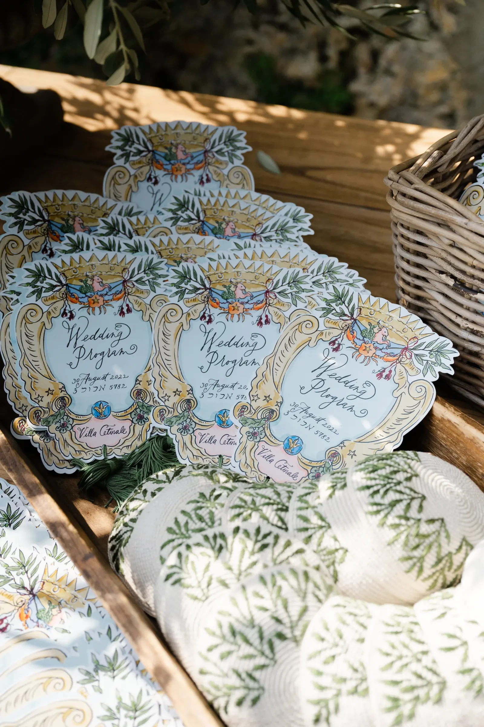 Hand embroidered Kippot and custom designed wedding programs