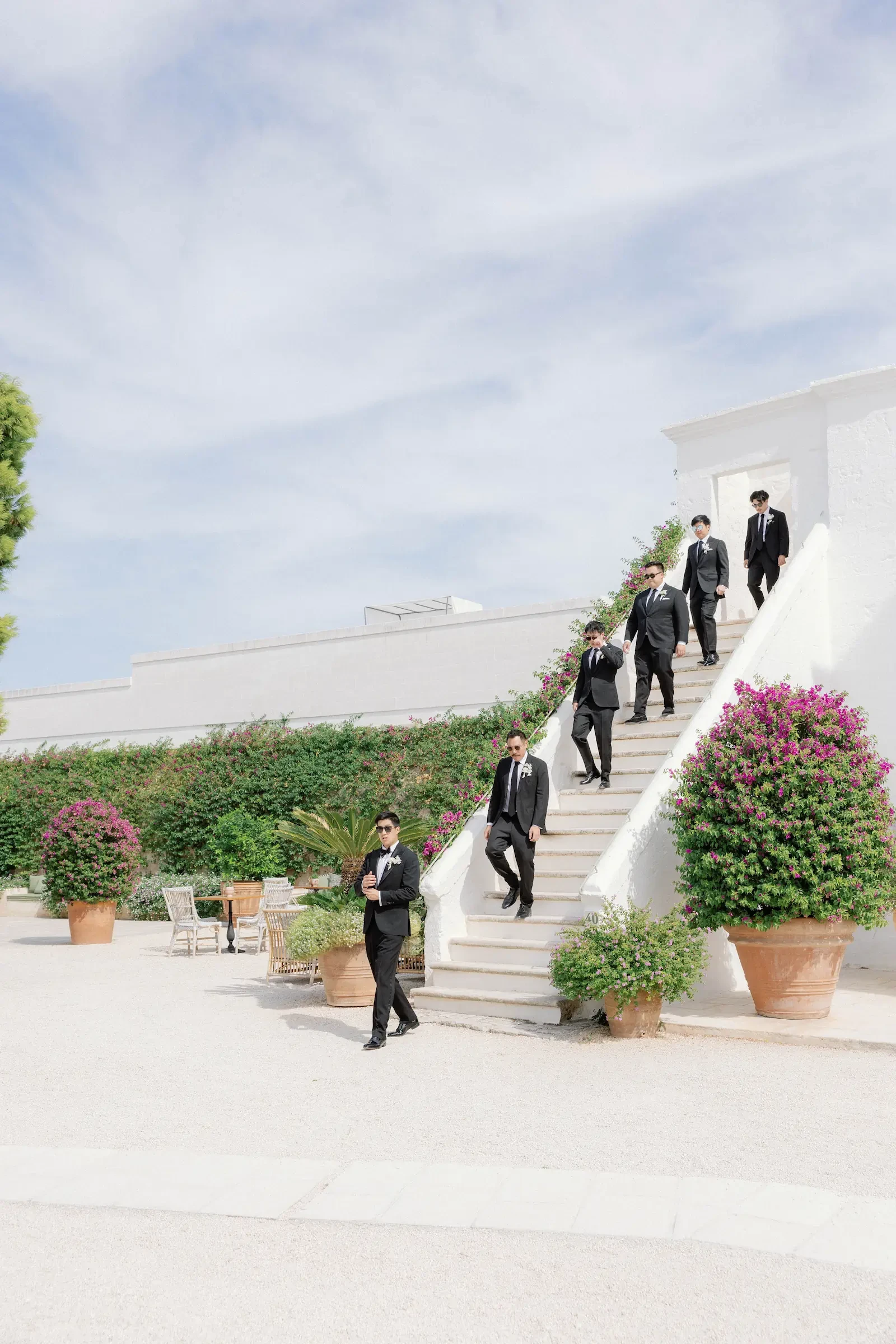 Puglia Masseria Wedding Groomsmen White Stone Staircase