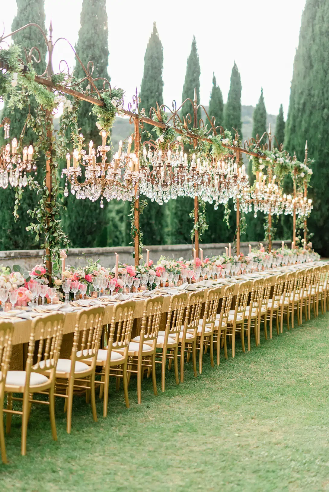 Crystal chandeliers for wedding reception in Tuscany