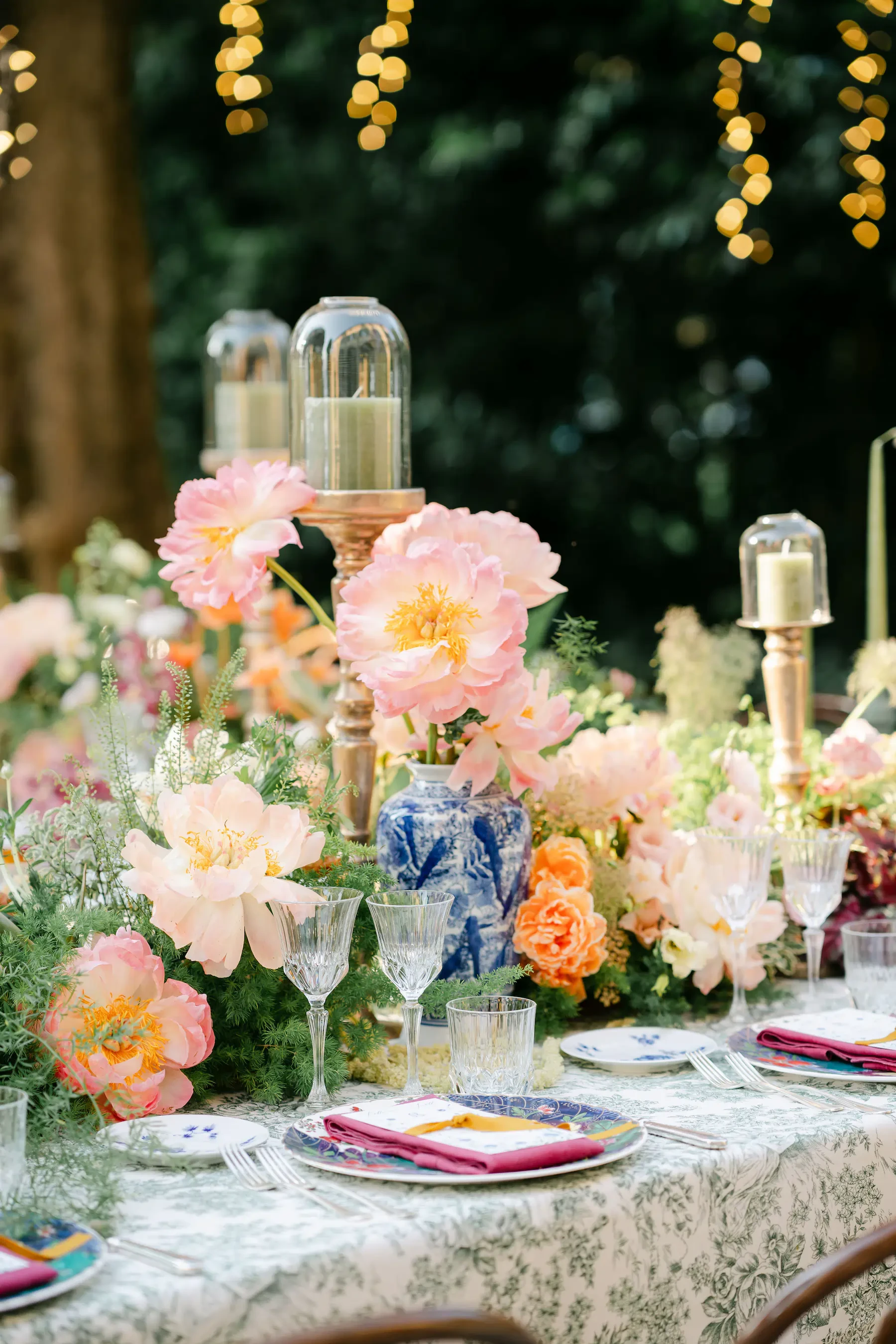 Outdoor Wedding Tablescape Peonies And Fairy Lights