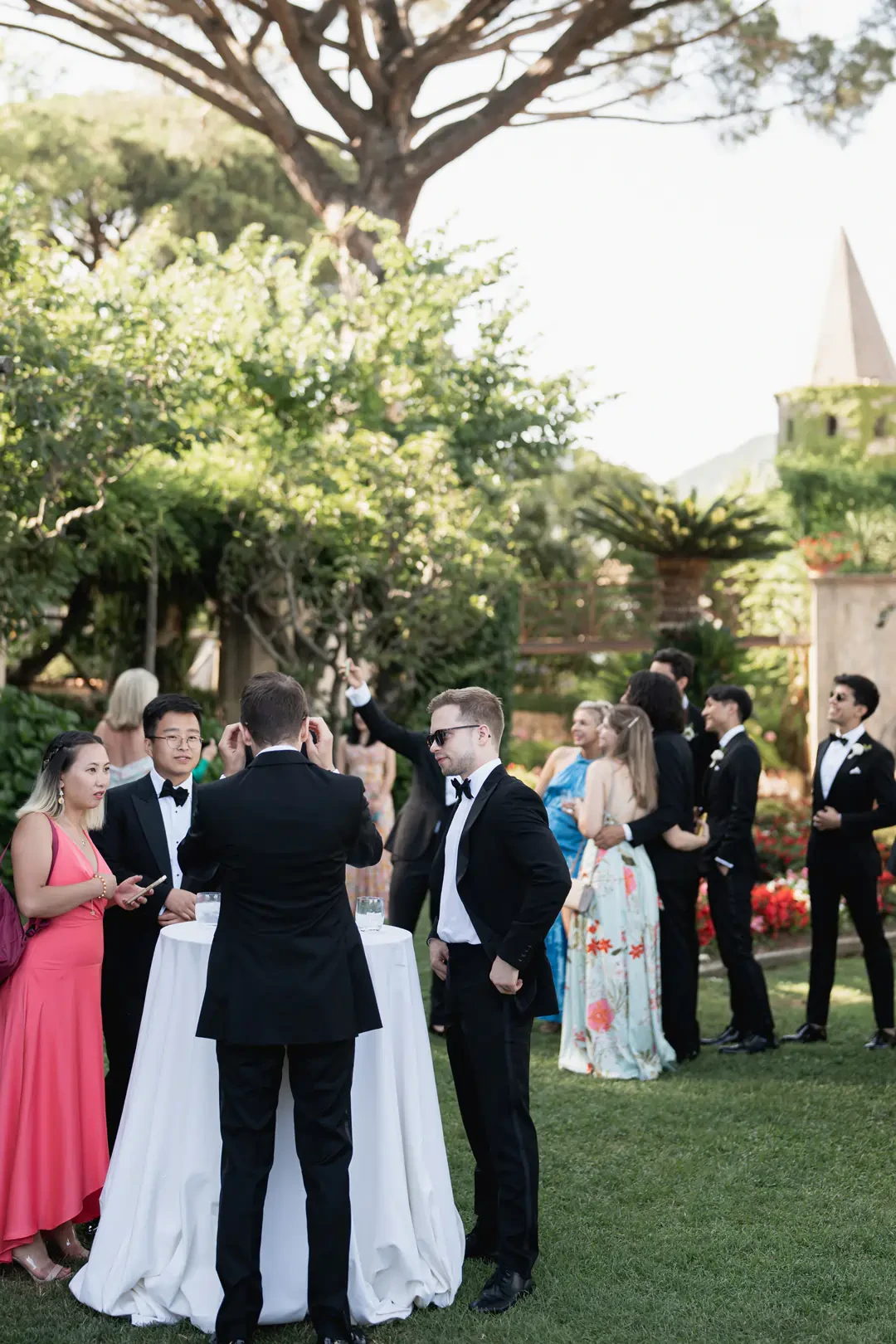 guests in the gardens of Villa Cimbrone in Ravello after the wedding ceremony