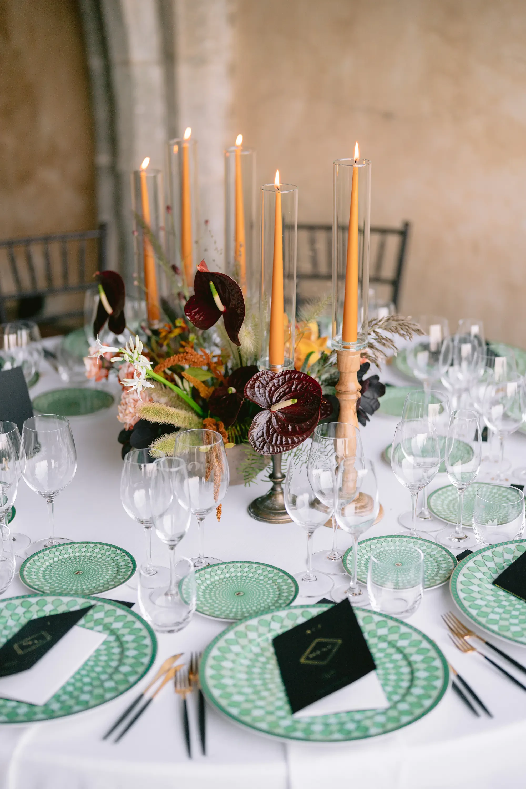 Close Up Wedding Centerpiece Anthurium and Taper Candles