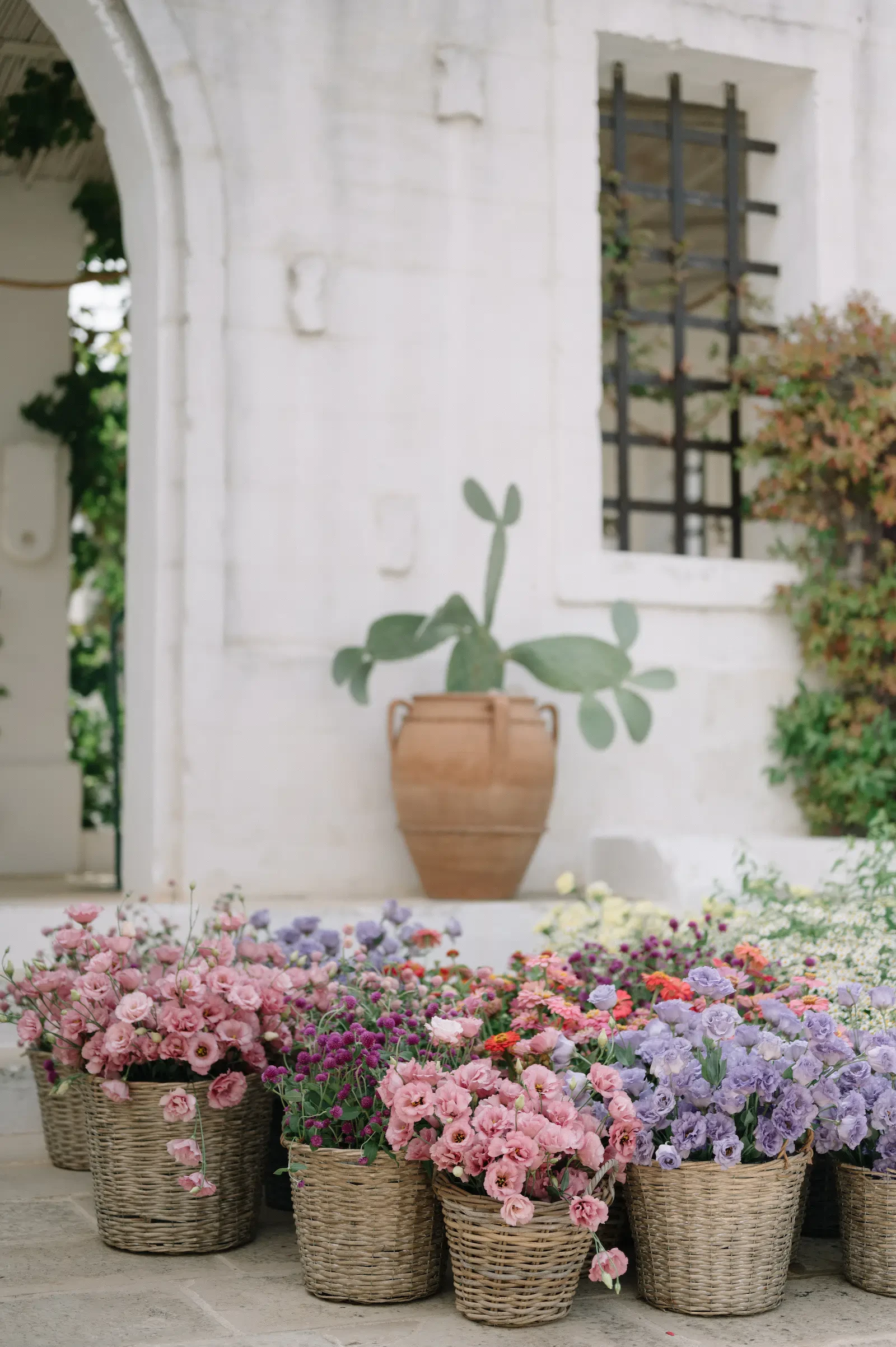 Flower Baskets Wedding Decor White Masseria Puglia