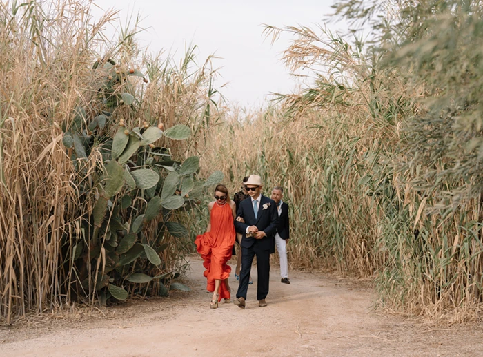 Wedding Guests Walking Countryside Path Prickly Pear