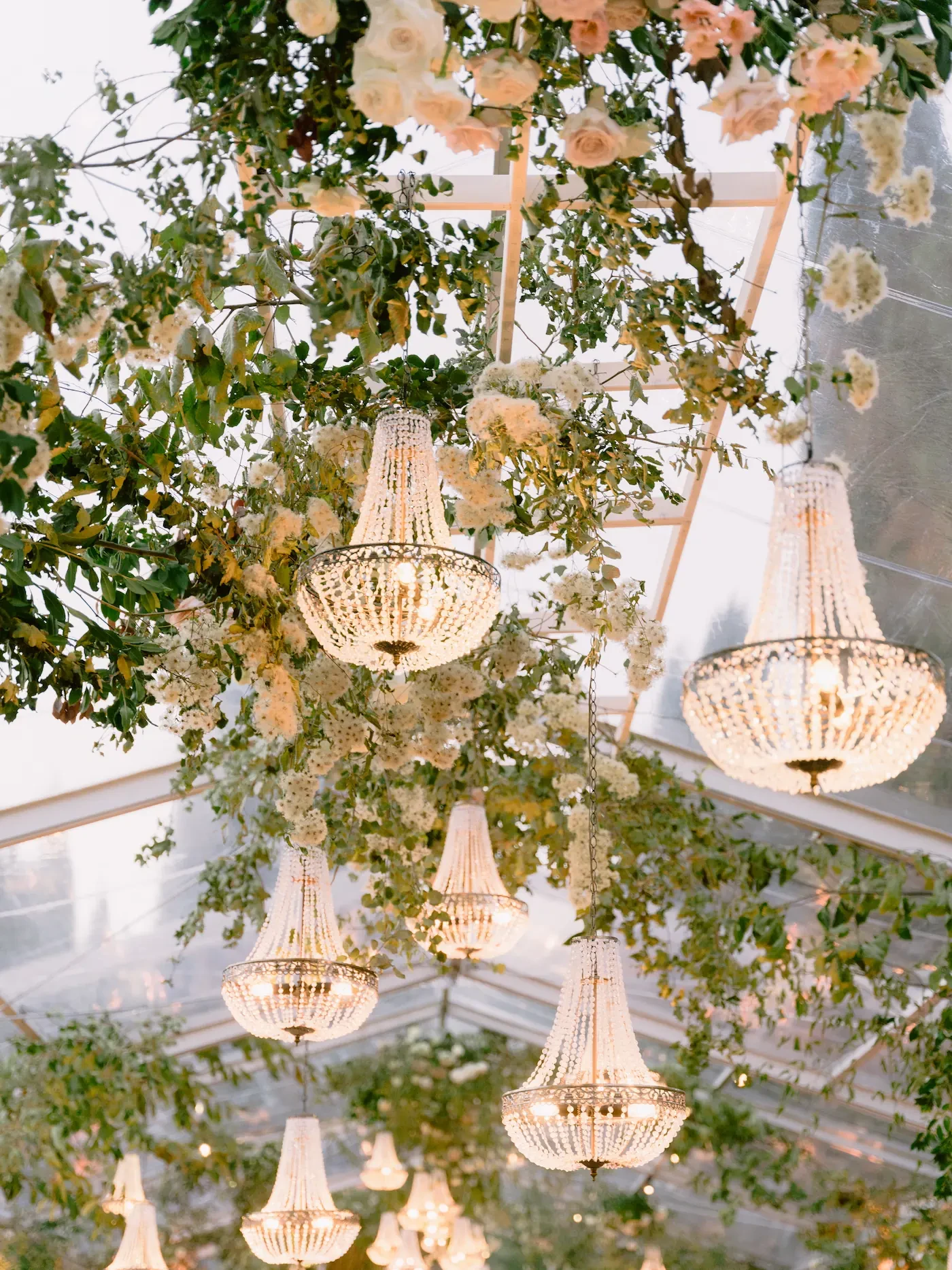 Villa Cetinale Garden Hall chandeliers and floral decorations