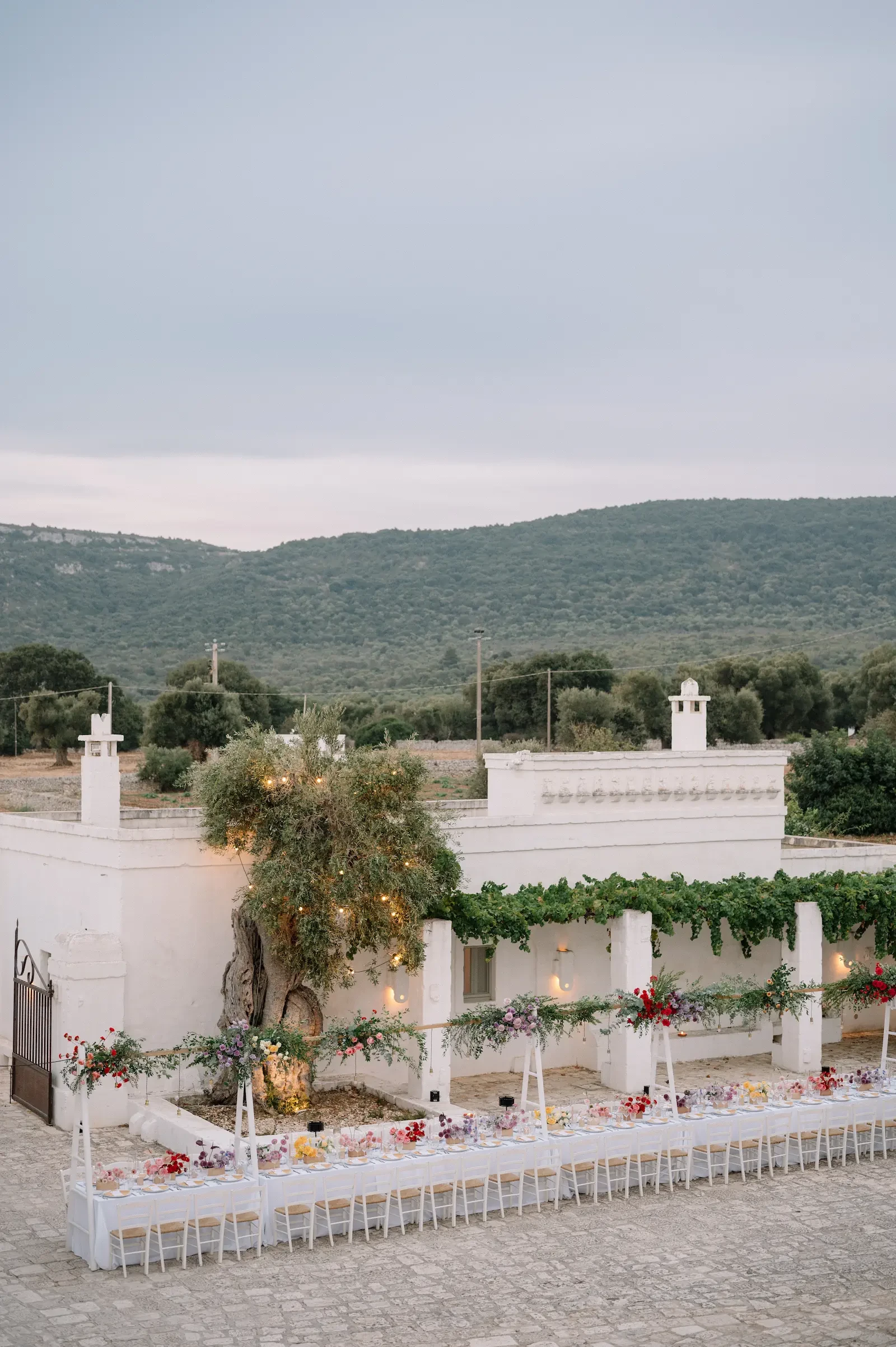 Outdoor Long Dinner Table Setting White Masseria